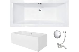 VBChome Bañera de 170 x 75 cm, acrílico, juego de delantal, sifón, bañera acrílica rectangular, color blanco, diseño moderno, patas de bañera cromadas, Viega Simplex