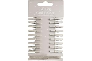 ANGIX 20 x Peg Card Holders with 2m Metallic String | Mini Wooden Pegs, Clip Photo Holders for Hanging Photos & Christmas Cards, Photo Wall Display, Xmas Crafts, Halloween & Party Decorations (Silver)