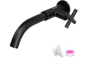 NIUKOMY Grifo de Agua Fría en Pared, Grifos Mural de Lavabo de Latón Negro, Giratorio 360° Grifería de Jardín Exterior Bronce Negro para Fregadero de Cocina Baño Lavandería Mop Pool, G1/2, 23CM