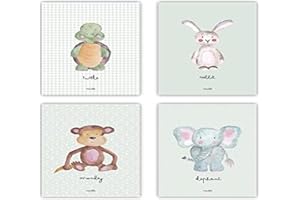 Juego de Láminas para Bebé HappyMots | 4 Láminas Infantiles para habitación de bebés | Láminas de animales para decorar habitaciones: Niños y Niñas