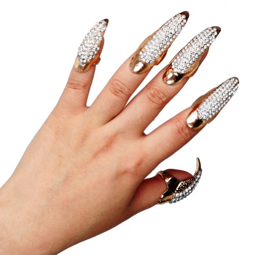 WLM 5pcs False Nail Clear Rhinestone Claw Paw Talon Finger Ring