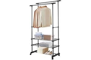 JOYYKO Kleiderständer, 3 Schichten Trennwände stabil garderobenständer Schwarz mit Ablage Gardarobenständer aus Metall Kleidungsständer & Kleiderstange Doppelruten Multifunktionale Schlafzimmer (VSY24)