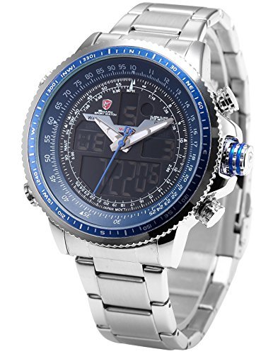 Shark Herren Armbanduhr XXL LCD Digital/Analog Weckerfunktion Edelstahl Uhrband SH326