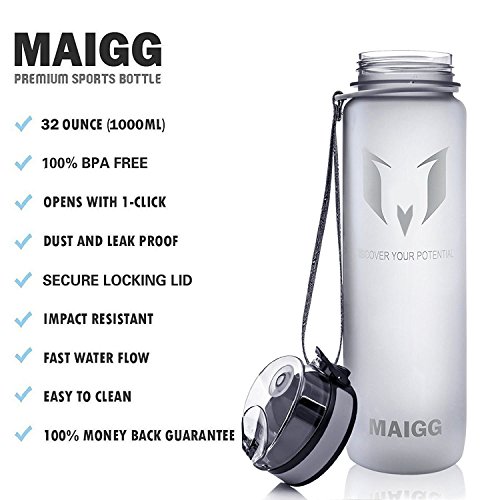 MAIGG Beste Sports Trinkflasche – 500ml & 1000ml – Eco Friendly & BPA-freiem Kunststoff – für das Laufen, Fitness, Yoga, Im Freien und Camping – Schnelle Wasserdurchfluss , Flip Top, öffnet sich mit 1-Click – Wiederverwendbare mit dicht schließendem Deckel - 2