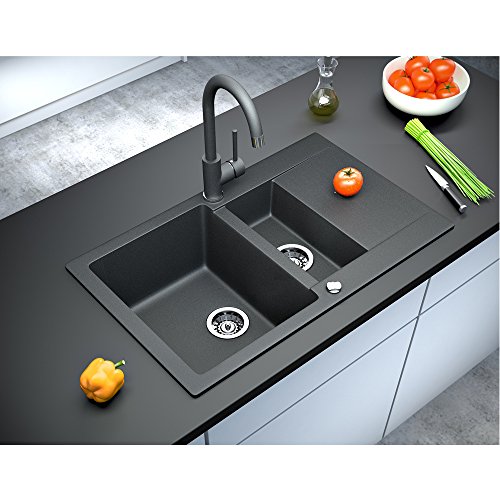 Spüle Granitspüle Küchenspüle Einbauspüle Auflage Doppelspüle Spülbecken 800 x 495 mm + Drehexcenter + Siphon (Schwarz) - 5