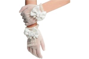 AGD LIGHTS Flower Girl Gloves - Children's Princess Dress Mesh Bowknot, Stage Performance Wedding Pure Pink Thin Gloves, Pearl Mesh Stretch