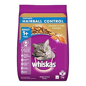 Whiskas Dry Cat Food for Adult Cats (1+ Years), Supports Hairball Control, Chicken & Tuna Flavour, 1.1 kg