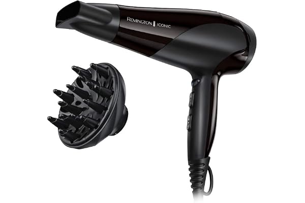 Remington Secador de Pelo Ionic Dry 2200, Iónico, Cabello Sin Encrespamiento, 2200 W, Concentrador y Difusor, 3 Temperaturas, 2 Velocidades, Rejilla Trasera Desmontable, Gancho Para Colgar, D3198