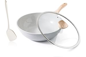 Kordisen Wok Ceramica 30 cm, Wok a Induzione con Coperchio, Rivestimento Antiaderente, Adatto a Tutti i Piani Cottura, Senza PFOA e PFAS