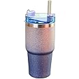 TimBuk2 Tumbler Blue Glitter Gradient Cup Stainless Steel Double Wall Vacuum Insulated Mug with Straw and Lid, Cleaning Brush for Cold and Hot Beverages 600 ML (Sky Blue and Silver)
