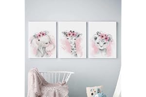 Youihom 3 Affiche Animaux Rose Tableau Chambre Fille Toile Bebe Girafe Elephant Lionceau Enfant Poster Safari Decoration Murale Cadeau 30x40 sans Cadre