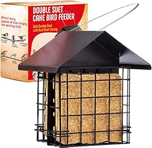 Suet Feeder for Wild Birds - Two Suet Cake Holders - Metal Roof Weather Guard - Suet Bird Feeders for Outside - Bird Feeder Cage, Use with Suet Cakes, Seed Cakes, Bread, Fruits for Oriole Birds