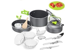 Weiope 14PCS Kit de Utensilios Cocina Camping,Camping Kit de Portátil y Liviano Acero Inoxidable Cocina Camping Ollas y Sartenes para Acampada,Excursión,Escalada,Senderismo
