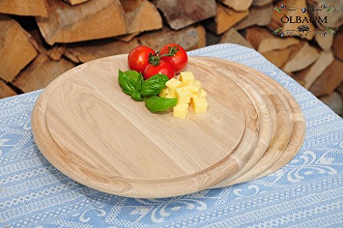 4 x Pizzabrett, Flammkuchen Servierbrett, Holzbrett rund, PREMIUM-QUALITÄT, groß Holz,mit umlaufender Rille – Ölrille / Saftrille -, je ca. 28 cm, als Bruschetta-Pita-Döner-Naan-Roti-Ciabatta-Langos-Chubz-Servierbretter, Schneidebrett Schneidebrettchen, Frühstücksbrettchen,Anrichtebretter, Brotzeitbretter, Steakteller schinkenbrett rustikal, Schinkenteller von BTV - 4