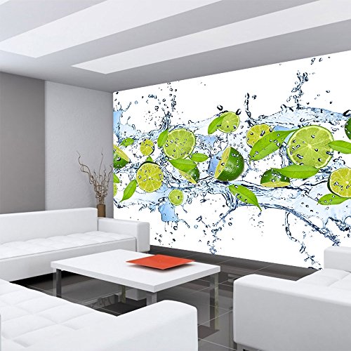Vlies Fototapete PREMIUM PLUS Wand Foto Tapete Wand Bild Vliestapete – Limetten Wasser Blätter Tropfen Obst Frucht – no. 864, Größe: 300 x 210 cm Vlies - 4