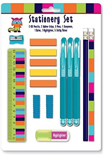 15 Pce RASCALS STATIONERY SET -2 Pencils, 2 Rubber Grips, 3 Pens, 1 Sharpener, 1 Ruler, 1 Highlighter, 5 Sticky Notes & SMILEY Face Magnet
