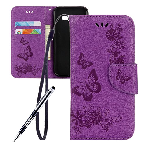 Galaxy A5 2017 Hülle,Samsung Galaxy A5 2017 Blumen Case,JAWSEU Retro Prägung Schmetterling Blumen Muster Kunstleder PU Leder Strap Brieftasche Bookstyle Magnetverschluss Schutzhülle Handytasche Case Cover Etui mit [Ständerfunktion] und [Kartenfächer]für Samsung Galaxy A5 2017+1xSchwarz Glitzer Bling Eingabestift-Lila Schmetterling