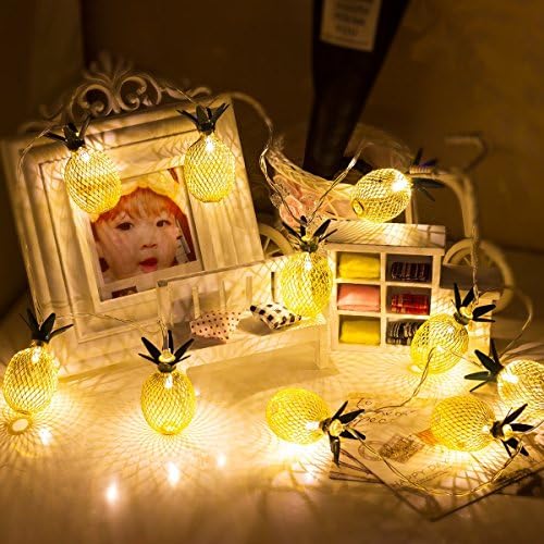 Omika Exclusive Green Leaf Gold Metal Mesh Pineapple Lantern String Lights, 6.5ft 10 LED Battery Powered Novelty Fairy Lights for Bedroom Wedding Birthday Party Decorations(Warm White)