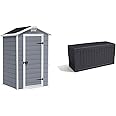 Keter Manor Outdoor Garden Storage Shed, Grey, 4 x 3 ft & Marvel+ 270L Outdoor Garden Storage Box Garden Furniture - Graphite Grey