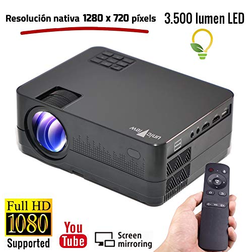 Proyector Full HD 1080P, Unicview HD320 (2019 Nuevo), Proyector 3.500 lúmenes Youtube USB Mirroring Portátil LED Cine en casa 1920x1080 HDMI USB VGA para PS4,Xbox,Switch, 720P Nativo (Negro)