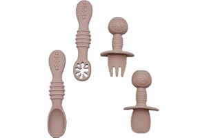 Silicone Self Feeding Baby Utensils 6-12 Months, Babies First Spoons, 3 Baby Spoon, 1 Baby Fork, Toddler Cutlery Set Bojiwavawd (Pink)