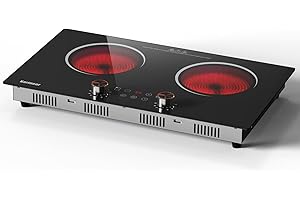 Karinear Glaskeramikkochfeld 2 Platten mit Stecker, 2 Herdplatten Kochfeld Freistehend, Drehknopf und Touch-Bedienung, 650 °C Max, Timer, Sicherheitsverriegelung, Restwärmeanzeige, 240V, 3200W