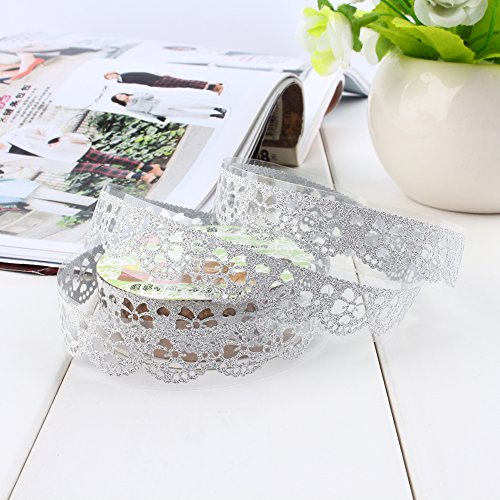 5 Rollen Lace Decor Kreatives Klebebänder Glitter Gold Pulver Spitzenband Selbstklebend Washi Tape Spitze Dekobänder Papier Aufkleber Kunsthandwerk DIY – ca. 100×18 mm (Silber) - 3