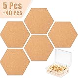 Whaline Lot de 5 panneaux en liège avec dos entièrement adhésif, petits tableaux d'affichage muraux avec 40 punaises pour photos, dessin Hexagon