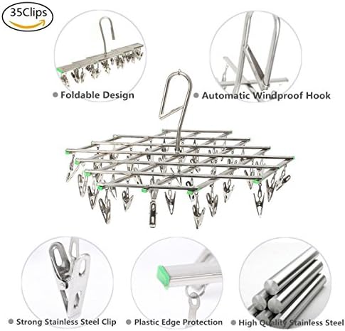 Stainless Steel Hanger Drying Rack 35 Clips Pegs Windproof Foldable Swivel Hook for Underwear Socks Glove Towels Scarves Shirts Small Size Clothes