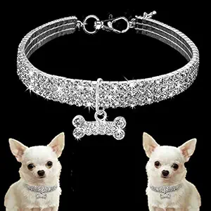 Dogs Kingdom Amazing 3 Rows Rhinestones Necklace Pet Cat Dog Collar Bling Rhinestone Bone Jewelry Party Wedding Accessories,White,M:10-12