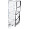 Iris Ohyama Plastic Storage Drawer Unit with Wheels, 4 Deep Drawers, Silver, Easy-Pull Handles, Supplies Organiser, For Bedroom, Bathroom, School & Office, BPA Free, Chest, Tower, DC-304