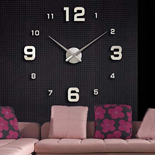 SHS Mute DIY Reloj de Pared con Adhesivo 3D, Sin Marco, Tamaño Grande, Para Decorar La Oficina o Casa,Plateado-2 Años de Garantía