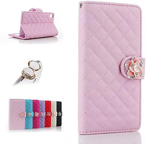Uming® Camellias Series Case Holster [ Pink | for IPhone 7 IPhone7 7G ] with Holder Stand Elegant Lady Bling Glitter Shiny Crystal flower Folio Wallet PU Leather Flower Lattice Grid Flip Case Bag Cover Protector Skin + 1PC Anti Dust Plug