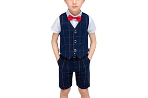 HONGBI Boys Wedding Suit Gentleman Outfits Birthday Tuxedo Formal Suit 2-13 Years Child Shorts Set Plaid Page Boy Summer Suits Set Formal Clothes Sets Kids Waistcoat Suit for Party Prom Wedding Baptism