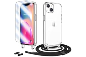 Anshow Handykette für iPhone 13 Hülle mit Band + 2 Schutzfolie, Robust Necklace Extrem Stoßfest Handyhülle iPhone 13 Case Transparent Schutzhülle zum Umhängeband Abnehmbar, Schwarz