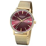 Regent Damen Herren-Armbanduhr Elegant Analog Edelstahl-Armband gold Quarz-Uhr Ziffernblatt dunkelrot UR1142481