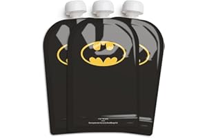 Herobility DC Batman Food Pouch 180ml / 6 Fl Oz - Squeeze Pouches for Baby, Reusable, Sustainable, Leak-Proof Design, Double Zip-Lock, BPA Free - 3 Pack