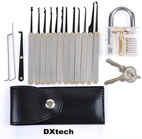 DXtech® 15-Piece Unlocking Lock Pick Set Key Extractor Tool + Transparent Practice Padlocks