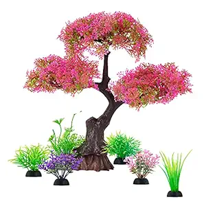Aquarium Artificial Plastic Plants Decoration, Pink Cherry Blossom Tree & Grass Aquarium Decor, Goldfish Tank Decorations Set, Betta Fish Tank Hides Complete Tree Decoration Kit?Pink