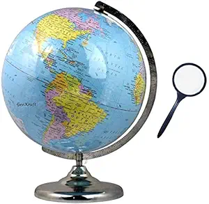 GeoKraft Educational 12 Inches Height Metal Base Globe with Magnifying Glass /Home Decor/World Globe/Office Decor//Gift Item/Show Piece (Blue)