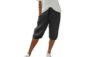 CHANPNING Short d'été décontracté en Coton et Lin avec Cordon de Serrage à la Taille et Poches pour Femme - Short de randonnée - Longueur Genou - Vêtement de détente Taille Haute - Pantacourt
