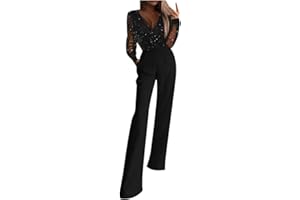 Battnot Damen Jumpsuit Elegant, Frauen Casual Sexy V-Ausschnitt Langarm Wide Leg Romper Playsuits Womens Schick Party Kleidung Lang Overall Schwarz Rot Grün Khaki S,M,L,XL
