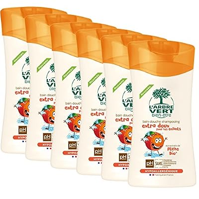 L'arbre vert Pack de 6 Bien-Etre Bain Douche Shampooing Extra Doux pour les Enfants aux Extrait de Pêche Bio