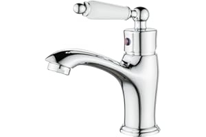 Maynosi Traditional Bathroom Basin Mixer Tap, Luxury Victorian Basin Mixer, Single Lever Mono Sink Tap with Flexible Tails, Retro Ceramic Handle Faucet for Cloakroom, Solid Brass (Chrome)