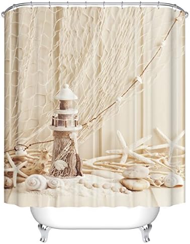 Waterproof Polyester Fabric Bathroom Shower Curtain, Qile Mildew-Resistant Anti-Bacterial 3D Digital Printing Pattern Shower Curtains with 12 Ring Hooks, 180 x180cm (Fishing Net &amp; Watchtower)