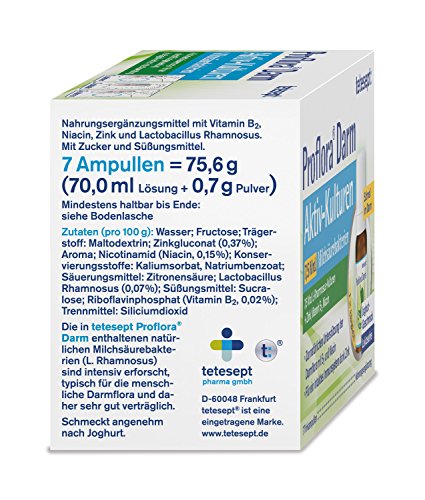 tetesept Proflora Darm Aktiv-Kulturen Trinkampullen – 7, 5 Mrd. Milchsäurebakterien in Trinklösung, ergänzt um darmgesunde Nährstoffe – 1er Pack à 7 Fläschchen [Nahrungsergänzungsmittel]