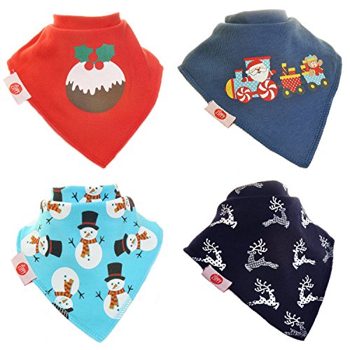 Zippy Fun Christmas Baby and Toddler Bandana Bib - Absorbent 100% Cotton Front Dribble Bibs with Adjustable Snaps (4 Pack Gift Set) Boys Christmas Blue and Red