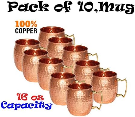 Solid Copper Moscow Mule Mug - Set of 10 Mugs - No Lining - 100% Pure Copper - Hammered Type Copper Mug - 45 cL Capacity - Great for Any Chilled Beverage! Brilliant for Entertaining &amp; Your Home Bar Cart! Unique Barware Gifts for Women &amp; Men (10 Mugs)