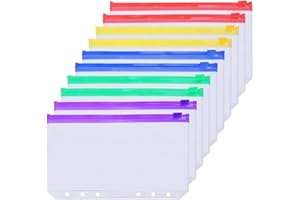 YUUSIKCO 10pcs Pochettes Classeur en Plastique, A6 Pochettes Perforées, Sacs Zippés à Feuilles Mobiles Colored Zipper Loose-Leaf Bag pour Cahiers Cartes Fournitures Scolaires Bureau Accueil