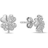 NEREZE 925 Sterling Silver Rhodium Plated 4 Leaf Clover Earrings with Zircon Stone